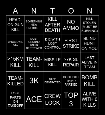 ANTONS WILD RIDE Bingo Card