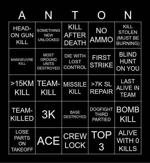 ANTONS WILD RIDE Bingo Card