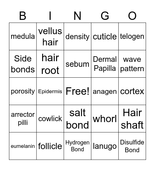 Properties of Hair and Scalp Bingo Card