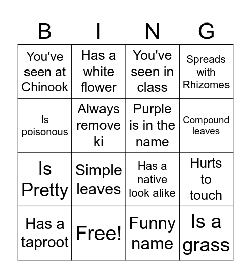 Weed Identification Bingo Card