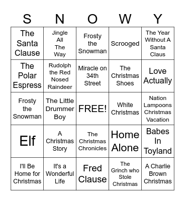 Holiday Movie/Show Bingo Card