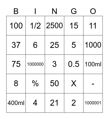 Maths Bingo Card