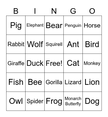 Animals Bingo Card