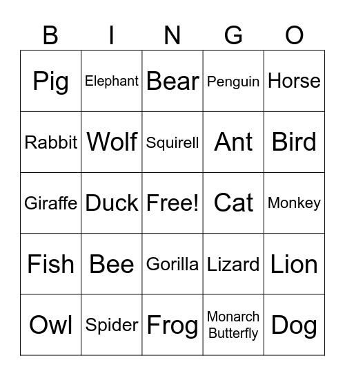 Animals Bingo Card