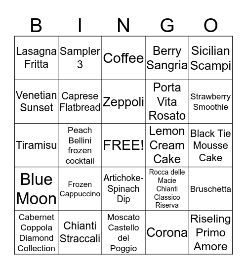 Olive Garden Bingo Card