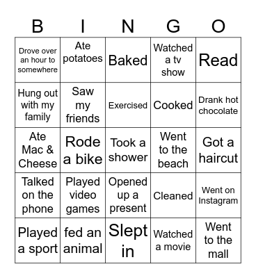 What did you do over break? Bingo Card