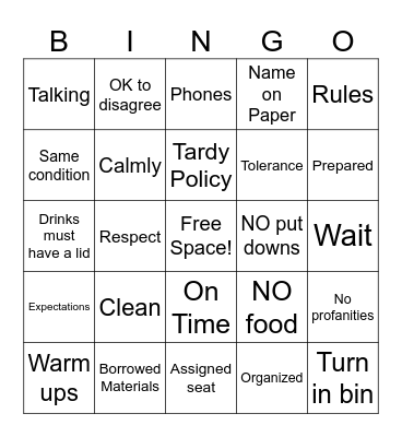 Classroom Expectations Bingo Card