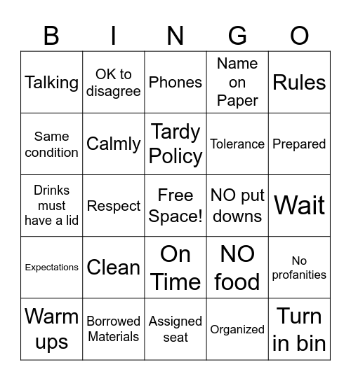 Classroom Expectations Bingo Card