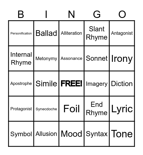 American Lit EOCT Terms Bingo Card