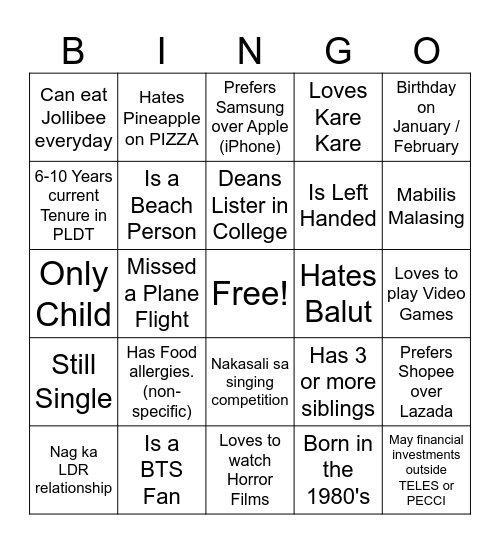 Ultimate Filipino Human Bingo Card