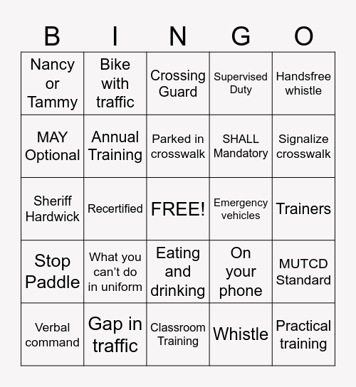 School Crossing Guard Bingo Card