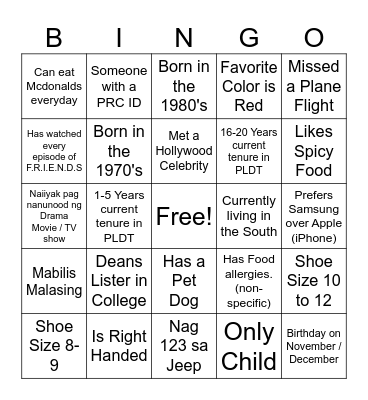 Ultimate Filipino Human Bingo Card
