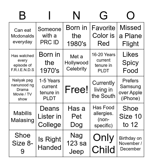 Ultimate Filipino Human Bingo Card