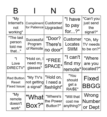 "Things Customers Say" Bingo Card