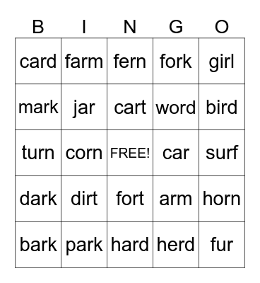 r-controlled vowels Bingo Card