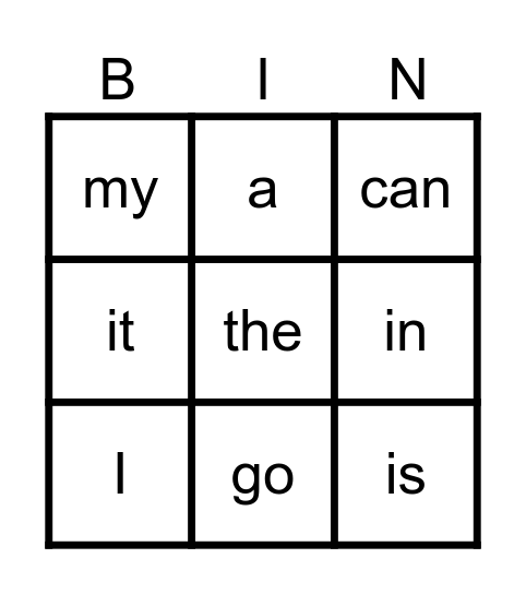 Kg Sight Words Learned 1-9 Bingo Card