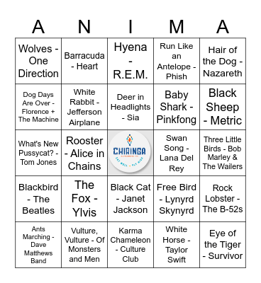 Animal House Bingo Card