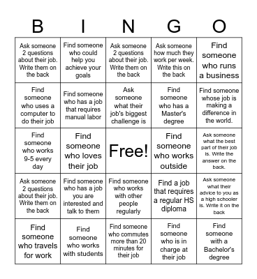 Brackett Career Fair Bingo Card