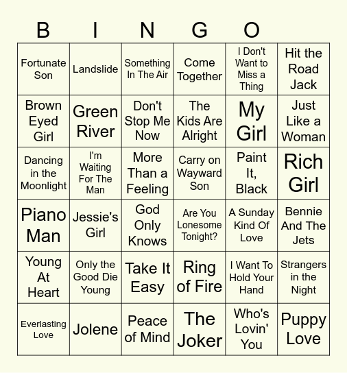 Classic Oldies Music Bingo Card