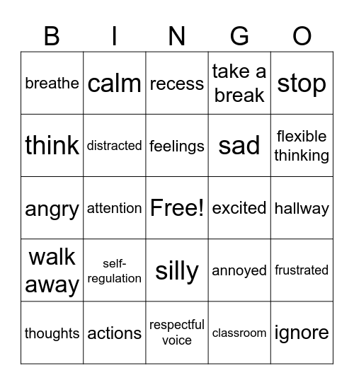 Self-Regulation Bingo Card