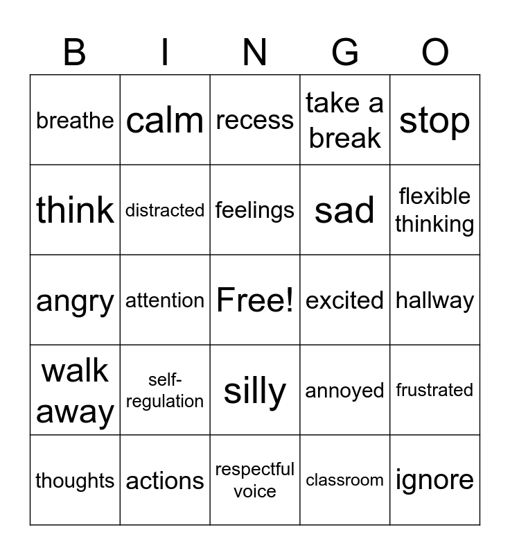 Self-Regulation Bingo Card