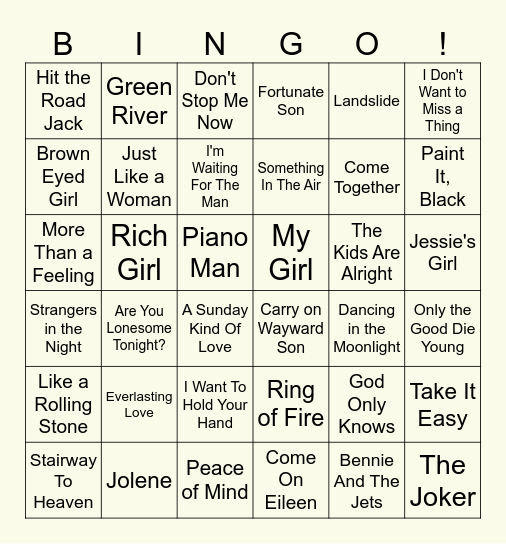 Classic Oldies Music Bingo Card