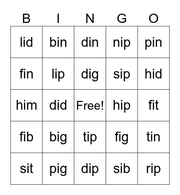 Short "i" Bingo Card