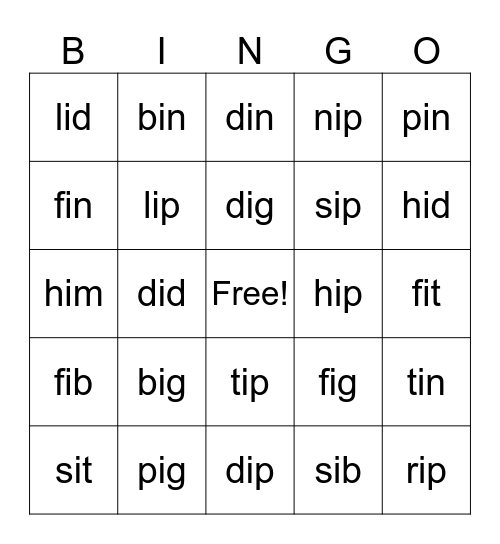 Short "i" Bingo Card