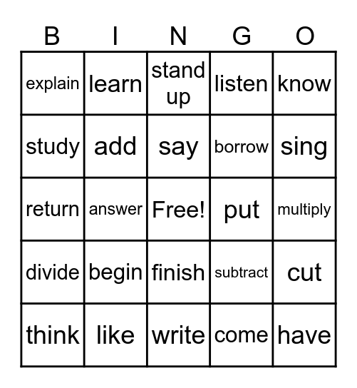 Verbs Bingo Card