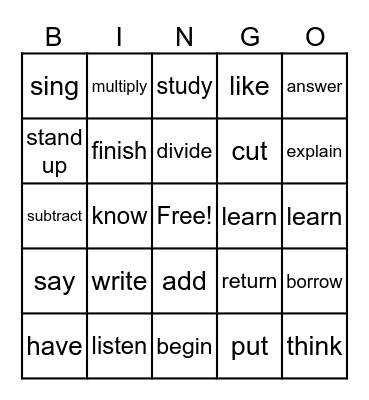 Verbs Bingo Card