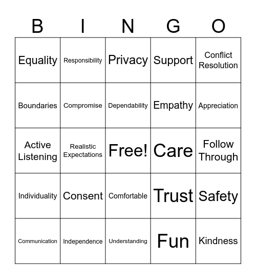Healthy Relationships Bingo! Bingo Card