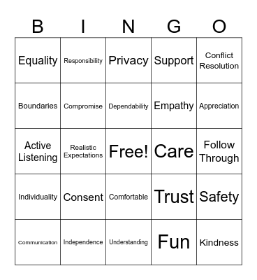 Healthy Relationships Bingo! Bingo Card