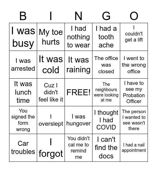 Claimant excuses for not attending a hearing Bingo Card