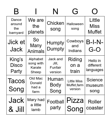 Old Mac Donald, Playlist Bingo Card