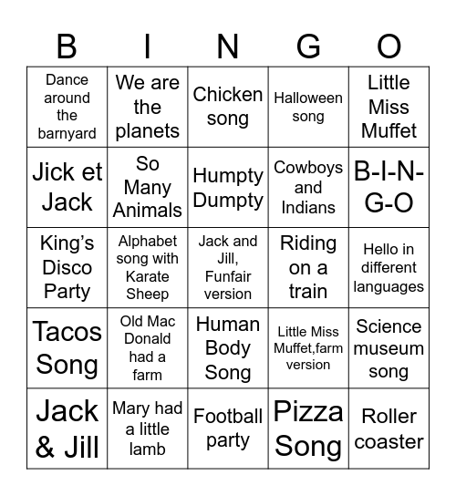 Old Mac Donald, Playlist Bingo Card