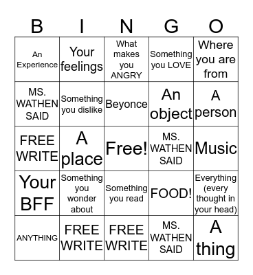 WRITING Bingo Card