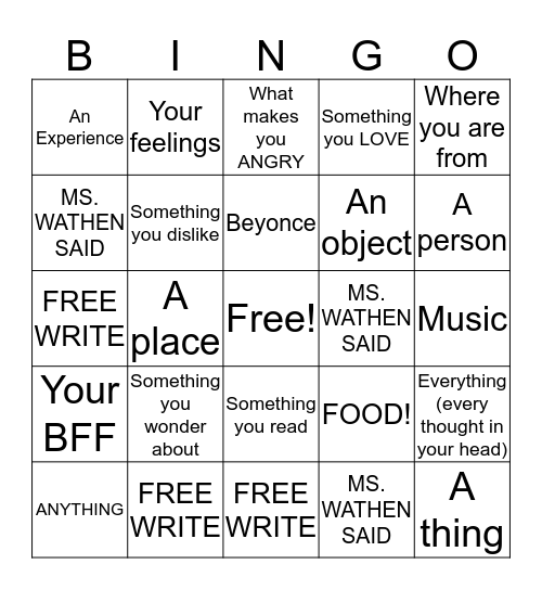 WRITING Bingo Card