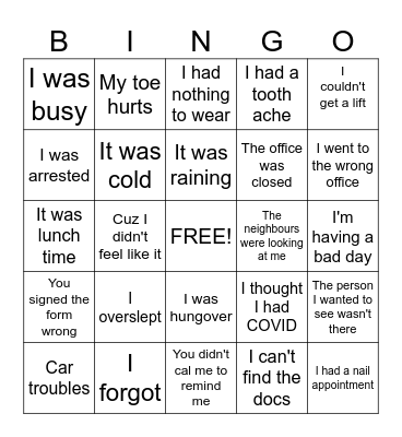 Claimant excuses for not attending a hearing Bingo Card