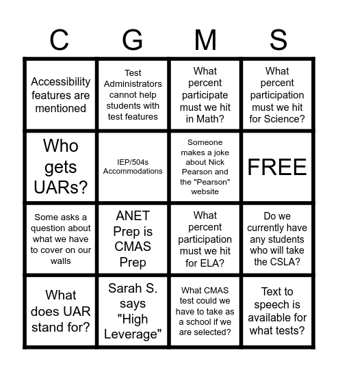 CMAS/ANET Bingo! Bingo Card