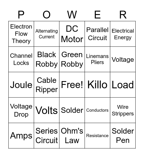 Electrical Bingo Card