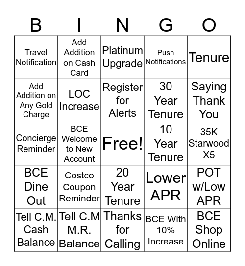 Value Generator Bingo Card