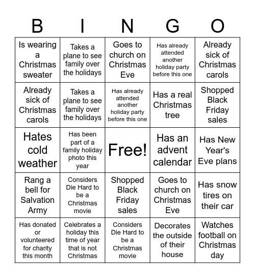 Holiday Traditions Bingo Card