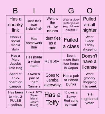Bingo with PULSE Bingo Card