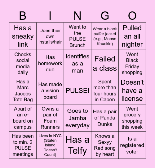 Bingo with PULSE Bingo Card