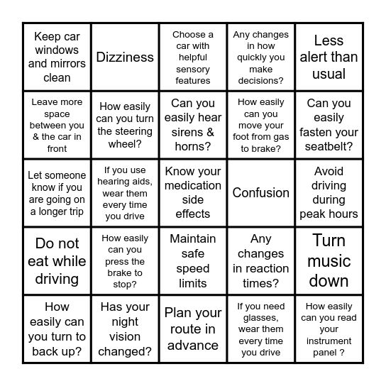 Safe Driving Bingo Card