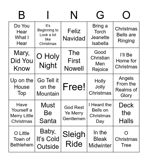 Christmas Songs Bingo Card