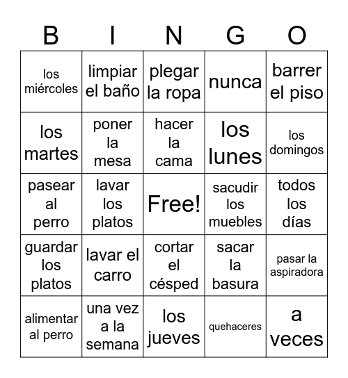 Spanish chores with frequency Bingo Card