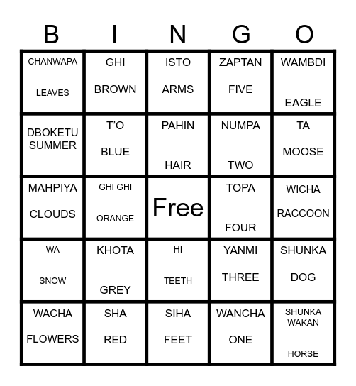 Dakota Bingo Card