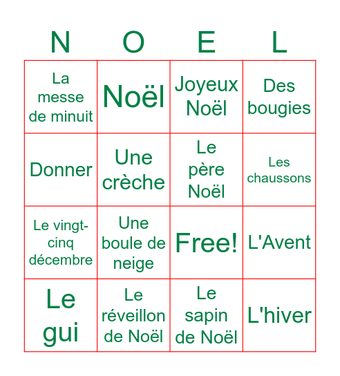 Noël Bingo Card