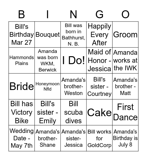 Amanda and Bill's Bingo Game Bingo Card